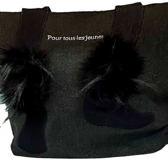 Sondra Roberts Square Large Dark Gray Tote with Black Booties Faux Fur Trim Wine - Picture 3 of 14